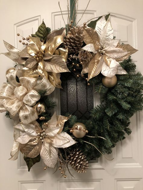 Christmas Wreaths For Front Door Elegant Gold, Christmas Wreaths White And Gold, Silver And Gold Christmas Wreath, Gold Silver White Christmas Wreath, Elegant Flocked Gold And Silver Wreath, Sparkle Crafts, Christmas Wreath Decor, Christmas Wreaths With Lights, Christmas Wreaths & Garlands