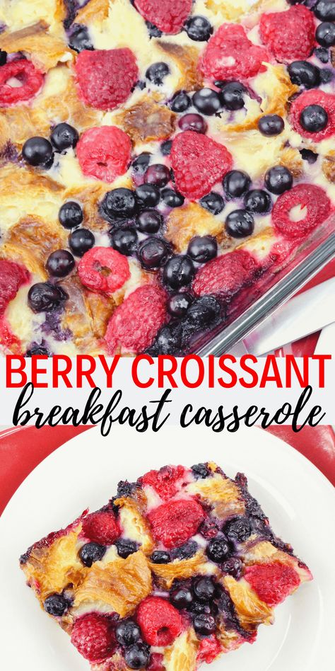 Made with fresh raspberries and blueberries, the Berry Croissant Breakfast Casserole Recipe can be used as a dessert and even makes a great breakfast on Christmas morning. #Breakfast #ChristmasMorning #Casserole #EasyEveryDayRecipes #DineDreamDiscover Sweet Breakfast Casserole, Christmas Morning Breakfast Casserole, Croissant Breakfast Casserole, Raspberry Breakfast, Morning Christmas, Breakfast Casserole Recipe, Strawberry Breakfast, Serving Ideas, Croissant Breakfast