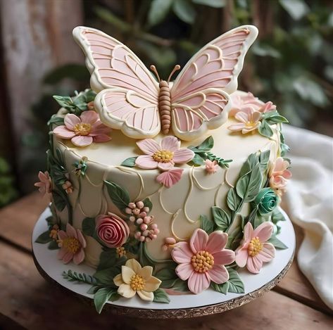 Flower Butterfly Cake, Butterfly Shaped Cake, Butterfly Cake Design, Fairy Themed Cake, Butterfly Cake Ideas, Cottagecore Cake, Gravity Cake, Elegant Birthday Cakes, Creative Birthday Cakes