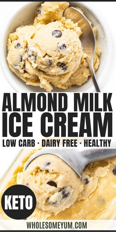 Sugar-Free Almond Milk Ice Cream Recipe - The BEST homemade almond milk ice cream recipe - chocolate chip cookie dough flavor! See how easy it is to make sugar-free almond milk ice cream, with simple ingredients and 1.9g net carbs per serving. #wholesomeyum #keto #ketodessert #icecream #chocolatechips #cookiedough #sugarfree #almondmilk #dairyfree Cooking With Almond Milk, What To Make With Almond Milk, Almond Milk Dessert Recipes, Homemade Almond Milk Ice Cream, Almond Milk Desserts, Almond Milk Ice Cream Recipe, Milk Ice Cream Recipe, Almond Milk Ice Cream, Low Fat Ice Cream