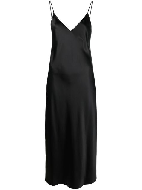 black silk satin flared design plunging V-neck square open back spaghetti straps straight hem ankle-length Long Black Satin Dress, Minimal Chic Style, Osage County, Black Silk Dress, Black Satin Dress, Minimalist Dresses, Flared Dress, Camel Coat, Minimal Chic