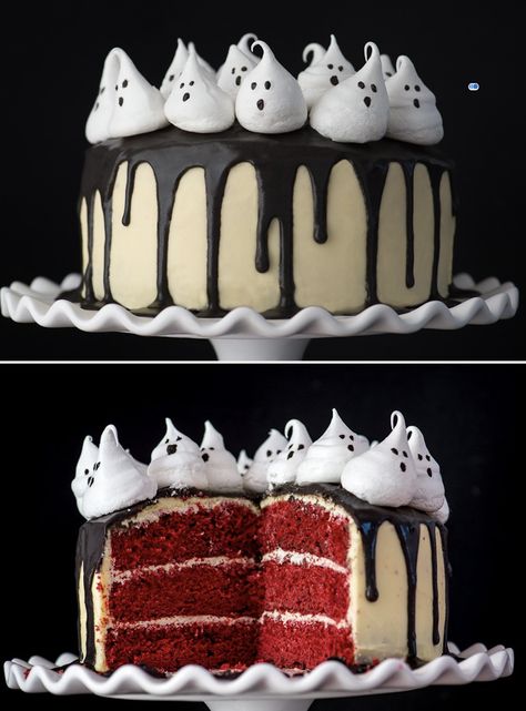 Spooky Red Velvet Cake, Cake With Ghosts, Halloween Red Velvet Cake, Red Velvet Halloween Cake, Goth Desserts, Black Chocolate Ganache, Red Velvet Halloween, Halloween Red Velvet, Easy Halloween Cake