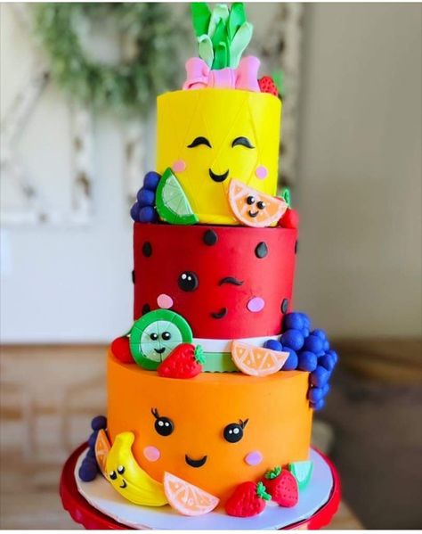 Dancing Fruit Cake, Hey Bear Sensory Birthday Cake, Twotti Fruity Birthday Cake, Hey Bear Cake, Planning 1st Birthday Party, Fruit Party Theme, Dancing Fruit, Tropical Birthday Cake, Hey Bear