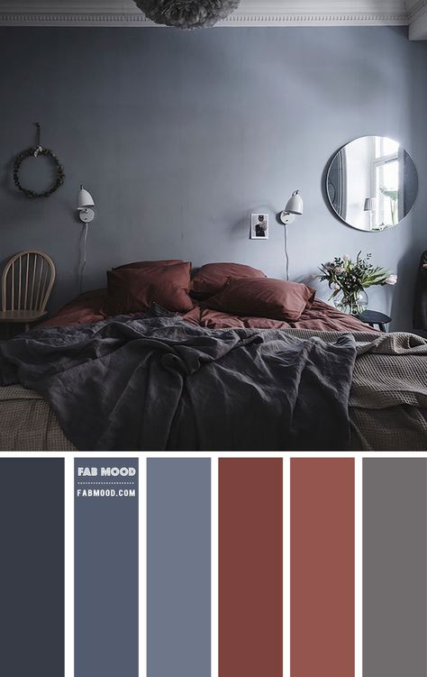 blue grey and brown red bedroom, bedroom colour, bedroom colour scheme, bedroom colour ideas Red Bedroom Colors, Blue Bedroom Colors, Blue Gray Bedroom, Simple Bed Designs, Bedroom Colour, Wedding Color Palettes, Red Bedroom, Bedroom Colour Palette, Accent Colors For Gray