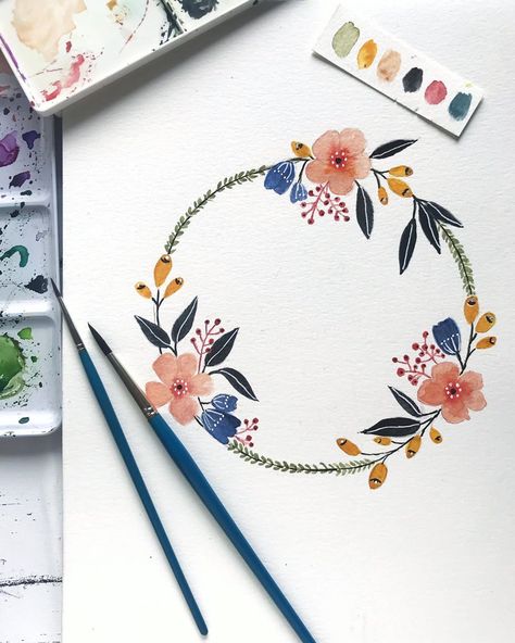 @studio_firstleaf shared a photo on Instagram: “I present to you, the first ever floral wreath I have painted. So thrilled.😀  Confession: My original idea was to try some hand lettering,…” • Aug 1, 2020 at 12:23pm UTC Floral Wreath Painting, Simple Floral Wreath, Wreath Painting, Watercolor Wreath, Floral Wreath Watercolor, Colour Ideas, Painted Flower, Wreath Watercolor, Water Colour