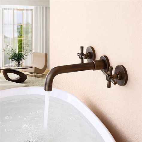 Wall Mounted Face Basin Faucet Double Handle Bathroom Sink Tap in Antique Brass Wall Mount Faucet Bathroom Sink, Bathroom Basin Taps, Wall Mounted Bathroom Sinks, Wall Faucet, Bathroom Sink Taps, Wall Mount Faucet Bathroom, Wall Mounted Basins, Wall Mount Faucet, Wall Mounted Bathroom Sink