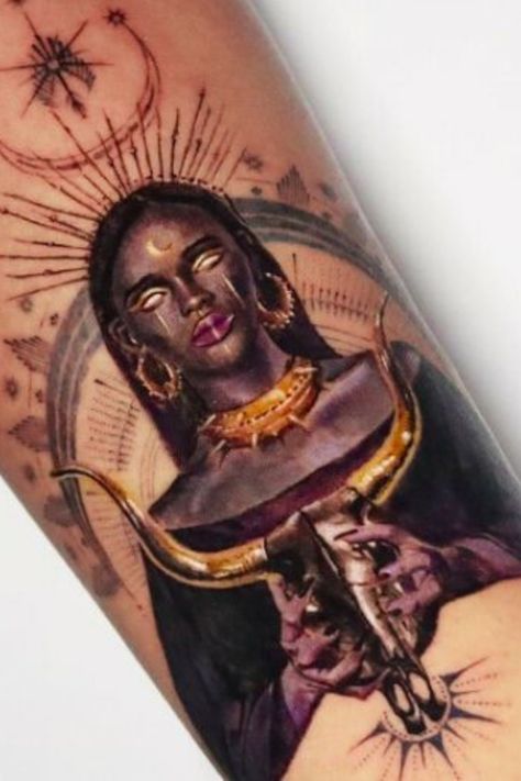 African Goddess Tattoos History & Symbolism African Goddess Tattoo, Black Goddess Tattoo, Goddess Tattoos, African Tattoo, African Goddess, Goddess Tattoo, Skeleton Hand Tattoo, Intricate Tattoo, Chest Tattoos For Women