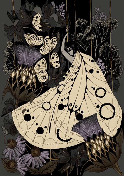 Inspired by the song “Wings of a butterfly” by HIM. #mythology #illustration #villevalo #butterfly #flowers #baudelaire Creepy Butterfly Aesthetic, Creepy Butterfly Art, Butterfly Person Art, Butterfly Mythology, Butterfly Humanoid, Metamorphosis Aesthetic, Butterfly Wings Drawing, Butterfly Illustration Art, Evil Butterfly