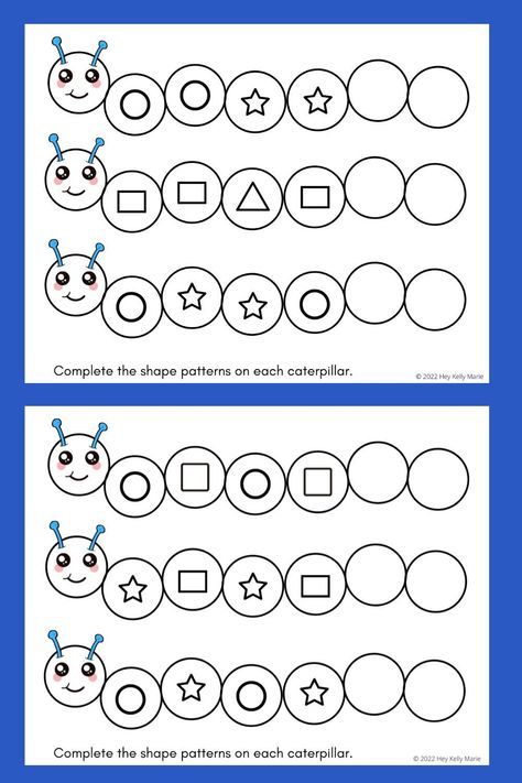 Free, Printable caterpillar pattern activity pages for kids. Patterning worksheets for kids with shapes. Finish the patterns and work on shape recognition and shape drawing. #patterns #preschoolpatternactivities #patternactivities #shapepatterns #preschoolprintables #preschoolworksheets #shapeworksheets #shapedrawing #shaperecognition Math Patterns Activities, Preschool Pattern Worksheets, Preschool Pattern Activities, Play Doh Mats, Rhyming Words Worksheets, Homeschool Room Decor, Shape Drawing, Preschool Patterns, Bug Activities