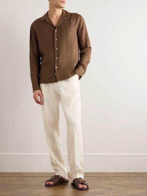 Summertime calls for loose linens – especially pairs with a drawstring waistband like Canali's. They've been made in Italy from the airy cloth and cut for a straight-leg fit. Depending on your day's plans, wear them with loafers or sandals. Linen Mens Dress Pants, Cotton Dress Pants Men, Men’s Linen Pants, Men Trousers Outfit, Linen Pants Outfit Men, Linen Outfit Men, Linen Trousers Outfit, Linen Pants For Men, Linen Pants Men