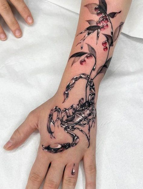 Scorpion Phoenix Tattoo, Rose Scorpion Tattoo, Mandala Scorpion Tattoo, Scorpion Leg Tattoos Women, Women Scorpio Tattoo, Scorpio Arm Tattoos For Women, Scorpion Back Tattoo Women, Flower Themed Tattoos, Scorpio Sleeve Tattoo Women