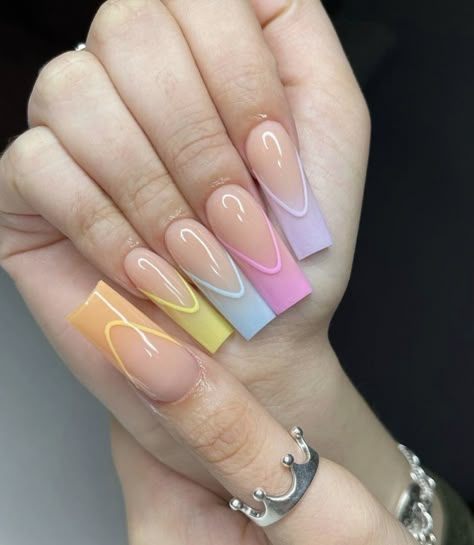 Easter Color Nail Ideas, April Nails Coffin, Colorful French Tip Nails Square Long, Easter Nail Ideas Square, Trendy Easter Nails, Easter Inspo Nails, Easter Nail Designs Square, Simple Easter Nails Acrylic, April Nails Square