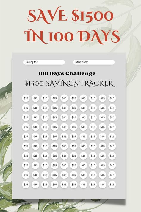 Printable $1500 savings tracker. Complete this tracker in 100 days. Challenge Tracker, 100 Day Challenge, Money Challenge, Sinking Funds, Budget Tracker, Dave Ramsey, Savings Tracker, Savings Challenge, 100th Day