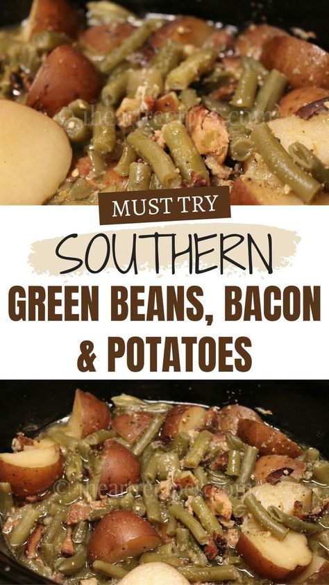 How to make southern soul food style green beans, bacon, and potatoes in the slow cooker! Southern-style green beans with bacon and potatoes are a perfect side dish, cooked to tender perfection with the perfect seasoning. Serve with fried chicken and cornbread for a comforting meal. Soul Food Green Beans, Chicken And Cornbread, Southern Green Bean Recipes, Green Beans Bacon, Bacon And Potatoes, Smothered Green Beans, Southern Soul Food, Crockpot Green Beans, Southern Green Beans