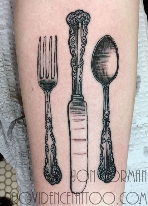 #silverware tattoo done by jon gorman at providence tattoo  #providencetattoo #jongorman #silverwaretattoo #cheftattoo #cutlery #fork #knife #spoon #blackandgrey Spoon And Fork Tattoo, Silverware Tattoo, Cutlery Tattoo, Chef Tatoos, Fork Tattoo, Spoon Tattoo, Providence Tattoo, Love Life Tattoo, Cool Knife