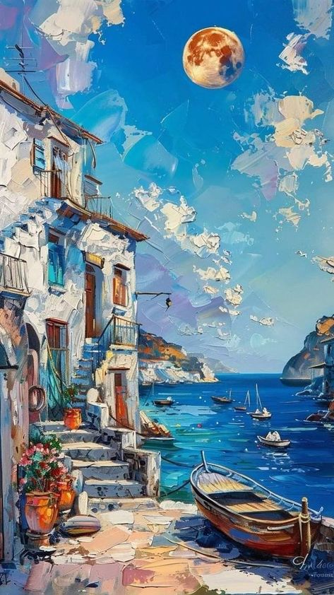 Greek Sun, Greek Village, Protea Art, Greece Painting, Greek Paintings, Acrylic Painting Inspiration, Graphic Arts Illustration, Landscape Quilts, Beautiful Illustration