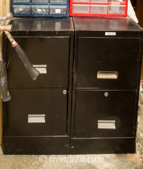 This would also be perfect for the base of a fold-down workbench.  Filing cabinets and small bins help with the tool organization | 10 Ways to Organize Tools (So You Can Actually Find Them) Filing Cabinet Tool Storage Ideas, Small Space Tool Storage, Tool Storage Ideas, Organize Tools, Garage Clutter, File Cabinet Makeover, Garage Tool Organization, Garage Organization Diy, Tool Box Storage