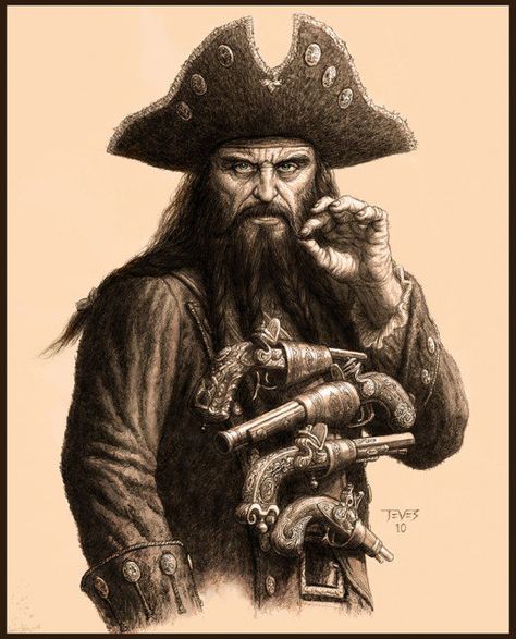 Captain Blackbeard , whose sketch bears a curious resemblance to Al Swearengen from Deadwood. ( Both characters were played by Ian McShane ;-) Pirate History, Famous Pirates, Kaptan Jack Sparrow, Pirate Tattoo, Bateau Pirate, Pirate Hat, Pirate Art, Black Beards, American Colonies