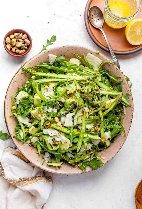 Shaved Asparagus Salad, Asparagus Salad Recipe, Shaved Asparagus, Lemon Salad Dressings, Salad Appetizer Cups, Grilled Asparagus Recipes, Appetizer Cups, Lemon Salad, Fava Bean