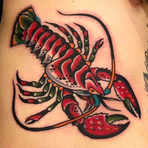 Lobster on the ribs for Philipp from Germany! @boldwillhold.tattoo . . . #samuelebriganti #traditionaltattoo #tradworkers #boldwillholdfirenze #sunskintattoomachines Traditional Shrimp Tattoo, Shrimp Tattoo, Lobster Tattoo, Crab Tattoo, Traditional Tattoo Inspiration, Traditional Style Tattoo, Geometric Tattoo Arm, Traditional Tattoo Sleeve, Nautical Tattoo