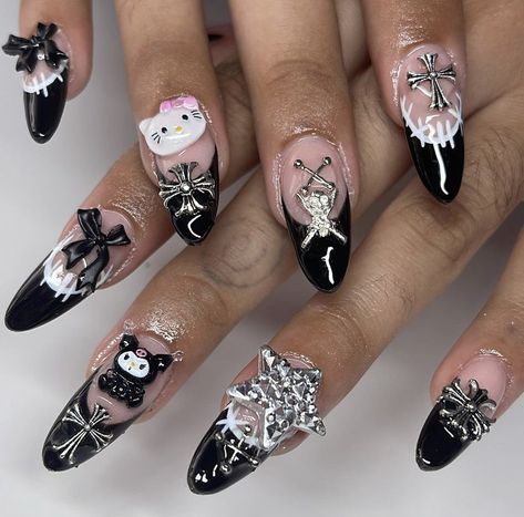 Black Hello Kitty Nails, Nail Ideas For Short Nails, Nails Hello Kitty, Cute Almond Nails, Ideas For Short Nails, Long Almond Nails, Kitty Nails, Anime Nails, Goth Nails