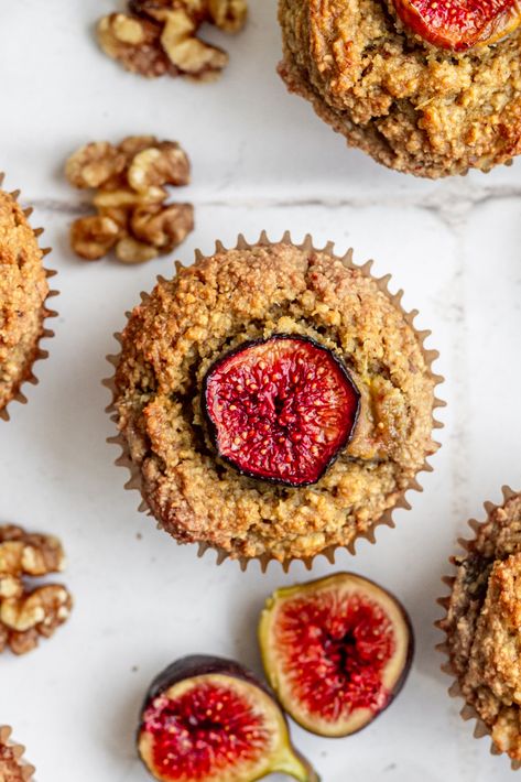 Plant-Based Fresh Fig Muffins - At Elizabeth's Table Fig Muffins, Dried Fig Recipes, Blueberry Oatmeal Muffins, Dried Figs, Fresh Figs, Cashew Butter, Healthy Muffins, Pumpkin Muffins, Strawberry Banana