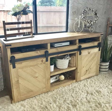 17 DIY TV Stand Plans You Can Make This Weekend Barn Door Tv Console, Tv Stand Plans, Barn Door Tv, French Farmhouse Dining Table, Barn Door Console, Bedroom Tv Stand, Barn Door Tv Stand, Diy Sliding Door, Diy Sliding Barn Door