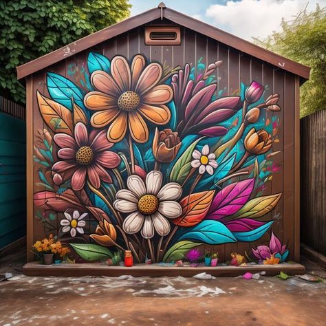 Flower Mural Door, Backyard Mural Ideas Wall, Outdoor Wall Murals Backyards, Paint Fence Ideas Backyards, Backyard Mural Ideas, Shed Mural, Hedgehog Garden, Mural Outdoor, Woods Living