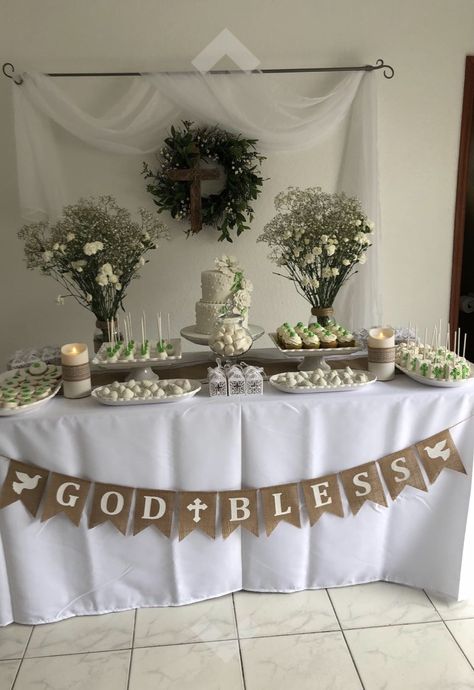 Confirmation Party Ideas Catholic, Confirmation Party Ideas, Communion Table Decorations, Receiving Table, Baby Dedication Party, Baptism Party Boy, Baptism Decorations Girl, 50th Wedding Anniversary Decorations, Bautizo Ideas