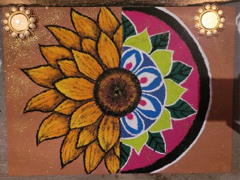 Rangoli Rangoli Designs Senary, Sunflower Rangoli, Big Sanskar Bharti Rangoli, Vaghbaras Rangoli, Yellow And Orange Flower Rangoli, Roopchaudas Rangoli, Half Sunflower, Sunflower