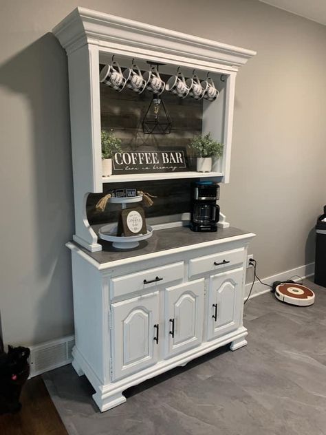 Coffee Bar From Dresser, Hutch Makeover Coffee Bar, Antique Dresser Coffee Bar, Welsh Dresser Coffee Station, Coffee Bar From Hutch, Coffee Bar Hutch Ideas, Old Dresser Coffee Bar, Coffee Bar Ideas Using An Old Dresser, Coffee Bar From Antique Dresser