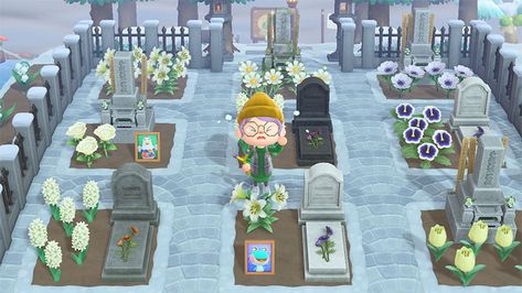 Animal Crossing: New Horizons Graveyard Design Ideas & Custom Cemeteries – FandomSpot Acnh Memorial Ideas, Gravestone Diy, Animal Crossing Island Inspiration, Cemetary Ideas, Spooky Island, Misty Night, Graven Images, Animals Crossing, Lantern Ideas