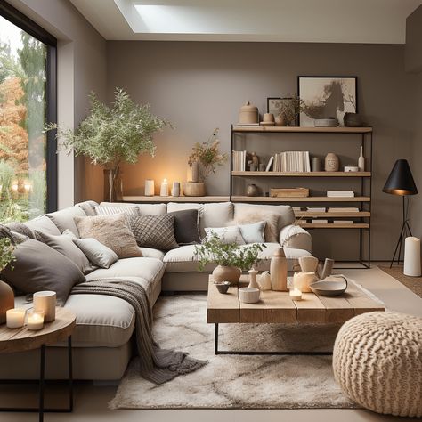 Taupe Couch Decor, Grey And Oatmeal Living Room, Cosy Living Room Colour Schemes, Living Room Ideas Japandi, Grey And Beige Interior, Taupe Wall Color Living Room, Mocha Living Room Ideas, Beige Living Room Designs, Living Room Designs Carpet