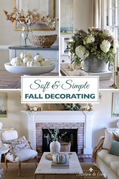 Decorating Ideas with the soft Colors of Fall! Gorgeous autumn decor in shades of green, copper, and faded rust--->#maisondecinq falldecor falldecorating falldecoratingideas autumndecor autumndecorating fallflowers copper pumpkins pumpkindecor whitepumpkins familyroomdecor farmhousestyle frenchfarmhouse frenchcountry countryfrench Room Ideas Rich, Warm Fall Decor, Fall Living Room Ideas, Summer Room Decor, Autumn Color Palette, Green Velvet Pillow, Fall Living Room, Colors Of Fall, Decor Quotes