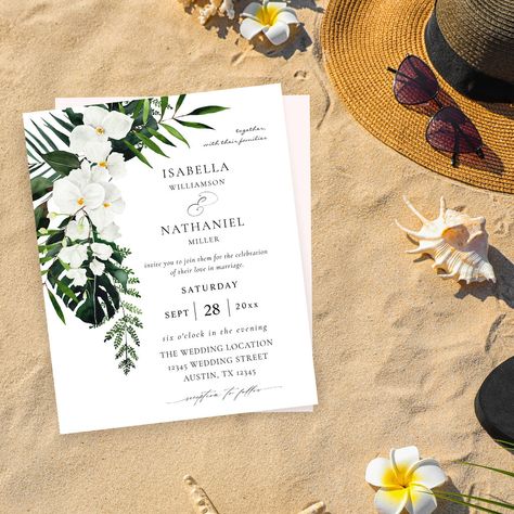 Wedding Invitations Hawaii, Hawaiian Wedding Invitations, Cute Invitation Cards, Cute Invitation, Palm Wedding, Botanical Wedding Invitation, White Floral Wedding, Tropical Wedding Invitations, Botanical Wedding Invitations