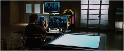 Tony Stark workshop Tony Stark Workshop, Futuristic Room, Rainbow Walls, Malibu Mansion, Malibu Homes, Iron Man 2008, Dr Marvel, Robert Downey Jr Iron Man, Man Working