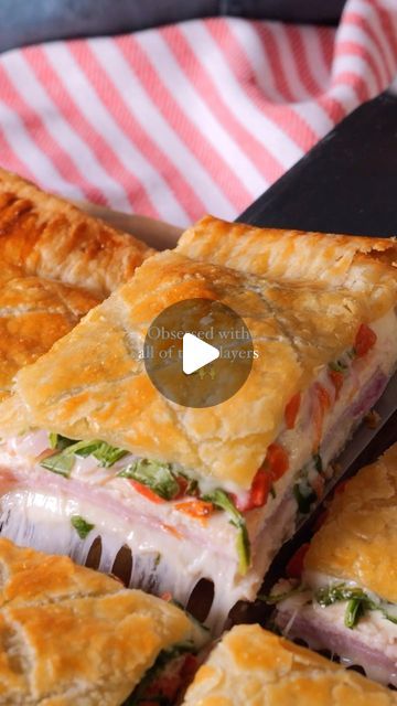 12 Tomatoes on Instagram: "Our new favorite way to make a hot sandwich 🥪😌  RECIPE BELOW ⬇️  1 (17 oz) box frozen puff pastry, thawed 12 slices mozzarella cheese, divided 6-8 slices deli ham 6-8 slices deli turkey ⅓ cup mayo 1 tablespoon spicy brown mustard 1 cup roasted red peppers, drained ⅓ cup sliced red onion 1 cup arugula 1 egg, beaten  PREPARATION Preheat oven to 350 degrees F and line a baking sheet with parchment paper. Unroll thawed puff pastry and use a rolling pin to roll the dough out so it is slightly thinner and larger in size. Place one sheet of dough on the prepared baking sheet and use a sharp knife to score a border 1 inch from the edge of the sheet on all sides. Bake sheet for 10-12 minutes or until puffed and golden. As pastry bakes, mix together mayo and mustard in a Puff Pastry Sandwiches, Deli Meat Sandwiches, Eggs Bake, Turkey Pizza, Crescent Bake, Hot Sandwich Recipes, Baked Sandwiches, Spicy Brown Mustard, Turkey Ham