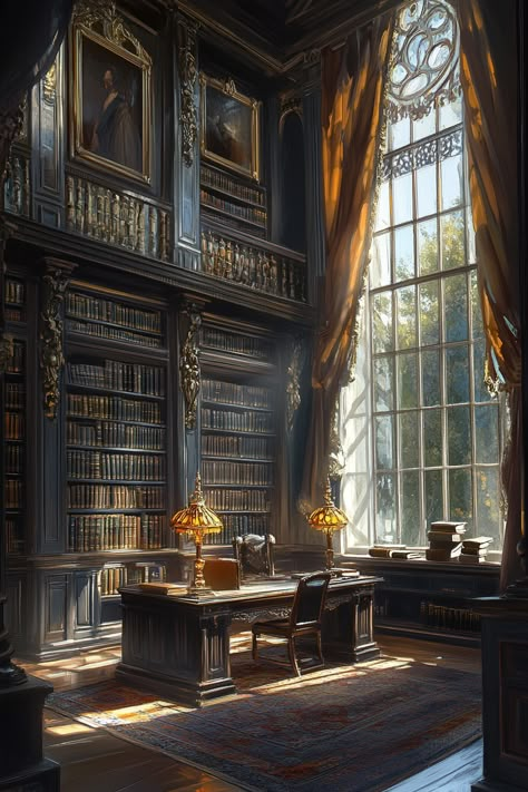 This beautifully designed vintage library features rich, dark wood shelves lined with an extensive collection of books. The room is adorned with elegant portraits on the walls and luxurious drapes that frame the large windows, allowing natural light to flood in. An ornate wooden desk sits in the center, accompanied by classic lamps, creating a warm and inviting atmosphere perfect for reading or studying..  #vintage library, #home décor, #elegant interior, #study space, #book collection, #sunlit room Old Study Room, Librarian Character, Cozy Libraries, Old Library Aesthetic, Vintage Library Aesthetic, Sunlit Room, Dark Wood Shelves, Grand Library, Library Vintage