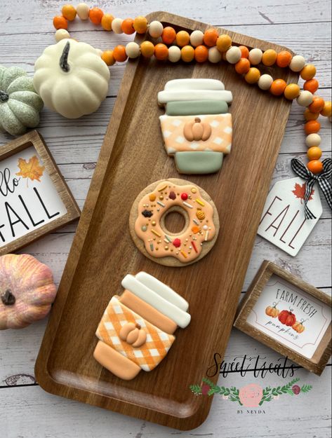 Coffee and donut cookies Coffee Theme Cookies, Donut Cookies Decorated, Coffee Cup Cookies Decorated, Coffee Cup Cookies, Fall Themed Cookies, Coffee Sugar Cookies, Donut Cookies, Fall Donuts, Fall Decorated Cookies