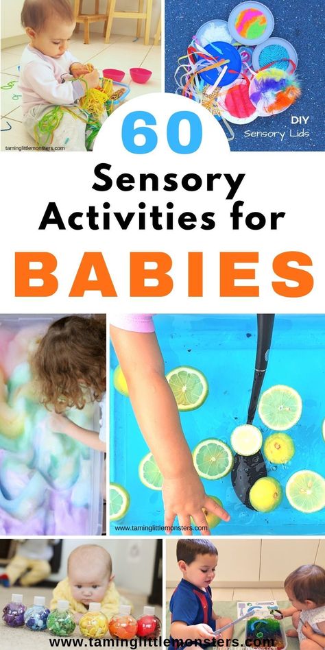 60 Sensory Activities for Babies. Sensory play ideas for infants and toddlers. #sensory #babies Non Mobile Infant Activities, Ece Learning Activities, Cooking Activities For Infants, Infant Daycare Activities Lesson Plans, Social Emotional Learning For Infants, Reggio Emilia Infant Activities, Sensory Play With Food, Activities 7 Month Old Baby, Cause And Effect Activities For Infants