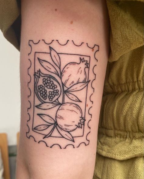 Traditional Pepper Tattoo, Black Pomegranate Tattoo, Pomegranate Stamp Tattoo, Fruit Plant Tattoo, Minimalist Pomegranate Tattoo, Pyrex Tattoo Patterns, Pomegranate Tattoo Design, Pomagranet Tattoo Simple, Fruit Stamp Tattoo