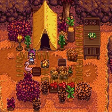 Danna ❤️ on Instagram: “Linus tent 🐞 #stardewvalley” Cabin Stardew Valley, Stardew Valley Cabin, Stardew Valley Golden Walnut Locations, Beehive Setup Stardew Valley, Stardew Valley Movie Theater, Stardew Ideas, Stardew Farms, Star Valley, Stardew Valley Farms