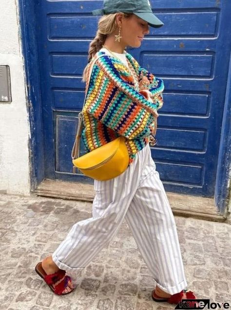 Chic Colorful Crochet Stripped Cardigans Sweater Knitted Long Sleeve Knitwear Pullovenr | KaneLove Boho Mode, Boho Cardigan, Loose Cardigan, Knitting Women Cardigan, Looks Party, Looks Street Style, Summer Inspo, Look Vintage, Boho Stil