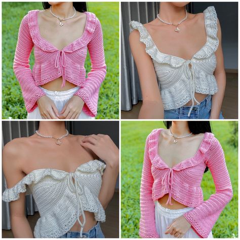 Chenda Diy, Cardigan Tutorial, Diy Cardigan, Crochet Bell, Crochet Outfits, Crochet Bell Sleeve, Ruffle Cardigan, Crochet Ruffle, Diy Tops