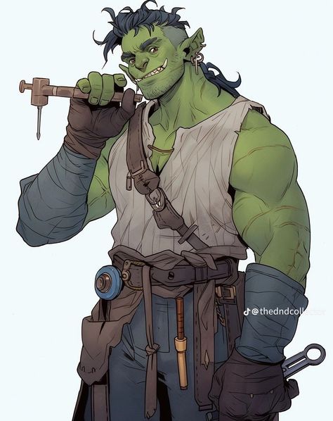 Handsome Goblin Art, Orc In A Suit, D&d Cultist, Orc Drawing Reference, Half Orc Artificer, Steampunk Orc, Dnd Orc Male, Orc Dnd Character, Half Orc Male Character Design