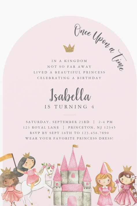 Princess Birthday Party Invitations for Girls Kids Birthday Invitation Card, Princess Birthday Party Invitations, Princess Party Invitations, Princess Invitation, 2nd Birthday Party For Girl, Disney Princess Birthday Party, Princess Theme Birthday, Invitation Card Birthday, Princess Birthday Invitations