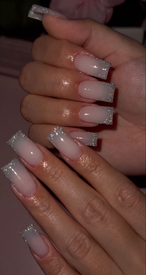 Square Acrylic Nails Glitter, Prom Nails Silver, Glitter Tips, Glitter Nails Acrylic, Hippie Nails, Grunge Nails, French Tip Acrylic Nails, Basic Nails, Pink Acrylic Nails