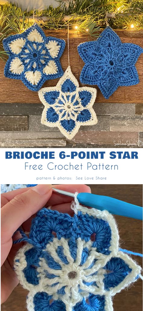 Brioche Six-Point Star Star Of David Crochet Pattern, Crochet Star Pattern Diagram, Crochet Star Ornament Free Pattern, Christmas Ornament Crochet Patterns Free, Crochet Stars Pattern Free, Crochet Brioche, Star Crochet Pattern, Crochet Toothless, Mummy Craft