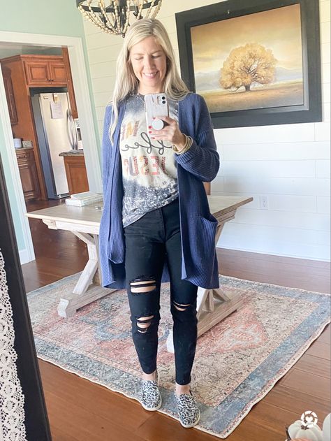 Cozy cardigan, ripped black skinny jeans, hey dude leopard shoes, bangle jelly bracelets, initial necklace, bleached tshirt Hey Dudes Outfit, Hey Dudes Outfit Women, Hey Dude Shoes Women, Target Favorites, Affordable Jeans, Amazon Favorites, Hey Dudes, Fall Day, Cozy Cardigan