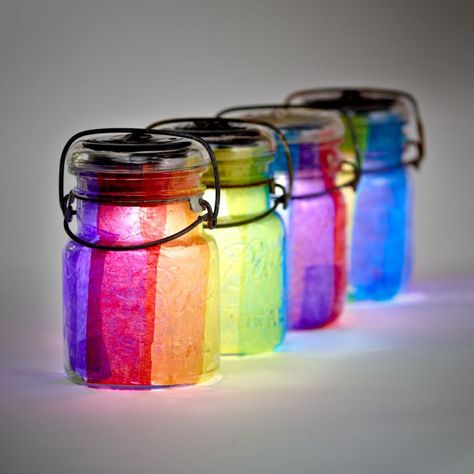 Rainbow lights jars Rainbow Wedding Theme, Solar Lights Diy, Solar Light Crafts, Mason Jar Lanterns, Wedding Theme Inspiration, Jar Lanterns, Rainbow Wedding, Light Crafts, Mason Jar Lighting